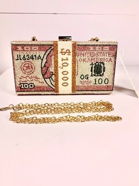 Pink rhinestone encrusted 10,000 Dollar money clutch crossbody gold-tone chain